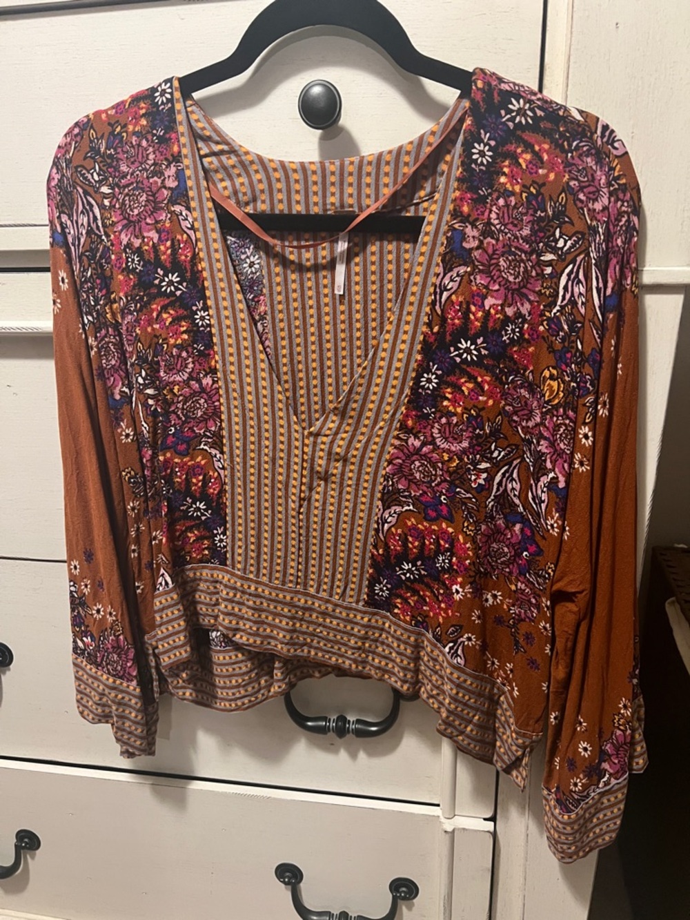 Free People Rust Floral Patchwork V-Neck Blouse